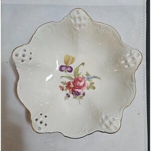 Floral‎ Porcelain Candy Dish Decorative Bowl Pierced Edge Gold Trim